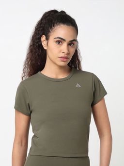 R&B - Olive Women Solid Half Sleeves T-Shirt