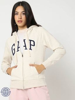 GAP - Cream Logo Print Relaxed Zip Front Hoodie