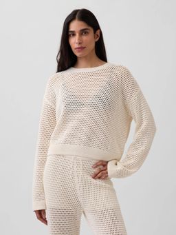 GAP - White Crochet Boat Neck Relaxed Pullover Sweater