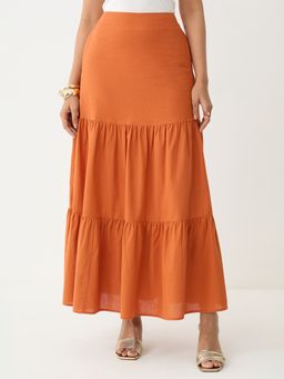 Femmella - Rust Tiered Flared Linen Maxi Skirt