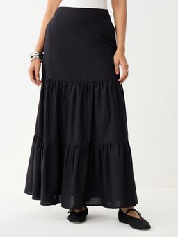 Femmella - Black Tiered Linen Maxi Skirt