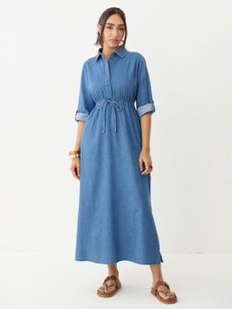 Femmella - Mid Blue Shirt Denim Maxi Dress