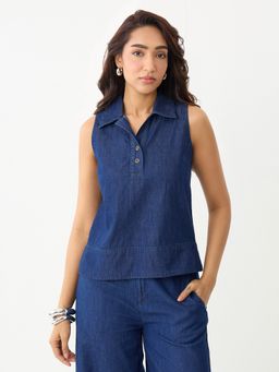 Femmella - Navy Blue Half Placket Denim Top