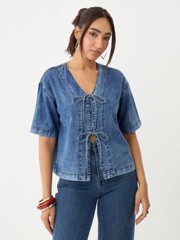 Femmella - Acid Blue Front Tie-Up Denim Top