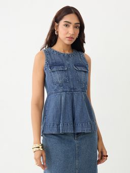 Femmella - Acid Blue Peplum Denim Top