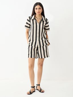 Femmella - Beige Black Stripe Crochet Co Ord Set