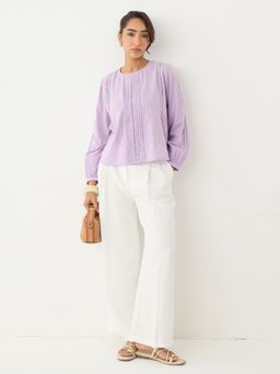 Femmella - Purple Sage Lace Insert Pleated Front Top