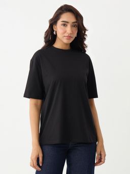 Femmella - Black Oversize Cotton Knit T-Shirt