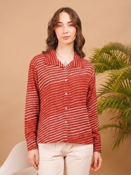Maaesa - Red Women Rayon Slub Leheriya Print Spread Collar Regular Fit Shirt