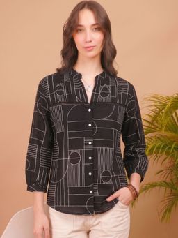 Maaesa - Black Women Cotton Slub Printed Regular Fit Shirt