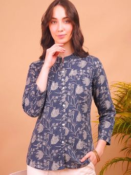 Maaesa - Blue Women Cotton Slub Printed Regular Fit Shirt