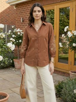 ZUMMER - Cotton Brown Floral Embroidered Shirt