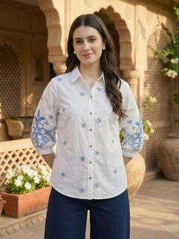 ZUMMER - Cotton White Floral Embroidered Shirt