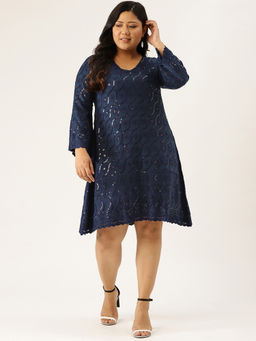 theRebelinme - Plus Size Womens Navy Blue Embroidered & Sequinned A-line Dress