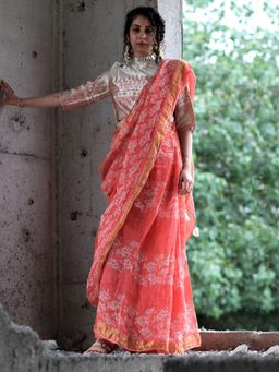 Chidiyaa - Coral Block Printed Saree Pure Handwoven Linen