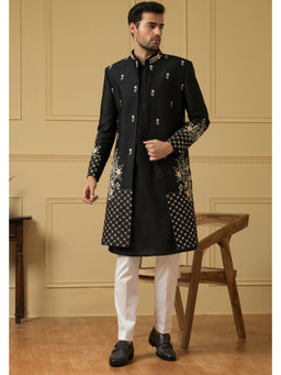 HILO DESIGN - Estrell Black Thread Embroidered Dupion Jacket with Kurta and Pant