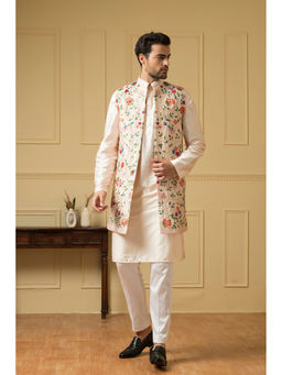 HILO DESIGN - Divino Off White Embroidered Semi Raw Silk Jacket with Kurta and Pant