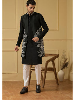 HILO DESIGN - Alegre Black Zari Embroidered Dupion Jacket with Kurta and Pant