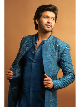 HILO DESIGN - Royal Ink Blue Hand Embroidered Raw Silk Sherwani with Kurta