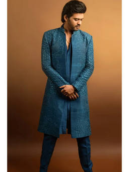 HILO DESIGN - Royal Ink Blue Hand Embroidered Raw Silk Sherwani with Kurta and Pant