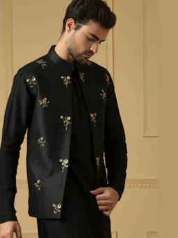 HILO DESIGN - Intenso Black Dupion Silk Bandhgala