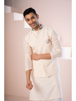 HILO DESIGN - Peach Elephant Raw Silk Nehru Jacket