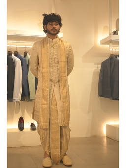 HILO DESIGN - Swarnika Gold Hand Embroidered Double Tissue Sherwani and Pattu Dhoti