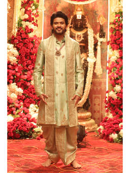 HILO DESIGN - Sage Green Hand Embroidered Chiniya Sherwani and Pattu Dhoti with Dupatta