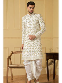 HILO DESIGN - Off White Verde Sherwani with Dhoti and Kanduva