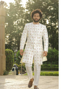HILO DESIGN - White Irenic Sherwani with Pant