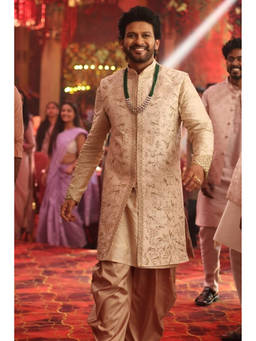HILO DESIGN - Royal Sand Hand Embroidered Dupion Silk Sherwani and Kurta