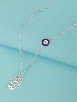 Carlton London - Rhodium Plated Hamsa Pendant with Evil Eye Enamel Charm & Chain