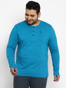 Urbano Plus - Mens Aqua Blue Solid Henley Neck Regular Fit Full Sleeve Cotton T-shirt