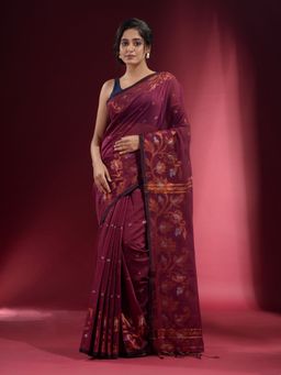 CHARUKRITI - Plum Purple with Floral Zari Design Saree with Unstitched Blouse
