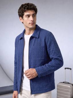 Nobero - Blue Textured Quilted Houndstooth Zipper Shacket