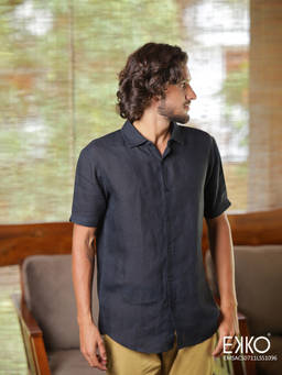 EKKO - Men Black Relaxed Fit Linen Casual Shirt