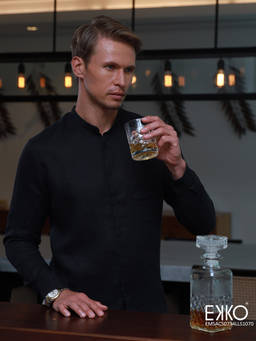 EKKO - Men Black Slim Fit Casual Linen Shirt