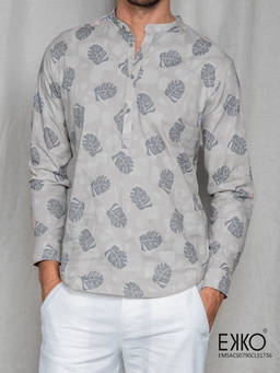 EKKO - Men Grey Slim Fit Cotton Elastane Printed Shirt