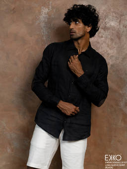 EKKO - Men Black Slim Fit Casual Linen Shirt