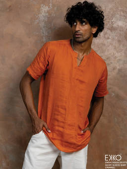 EKKO - Men Orange Slim Fit Casual Linen Shirt