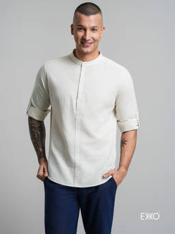EKKO - Men Light Beige Slim Fit Linen Blend Casual Shirt