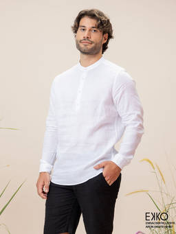 EKKO - Men White Slim Fit Mandarin Collar Casual Linen Shirt