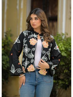 Zolo Label - Women Black Embroidered Open Front Jacket