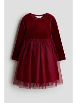 H&M - Girls Red Tulle-Skirt Velour Dress