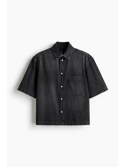 H&M - Men Grey Relaxed Fit Short-Sleeved Denim Shirt