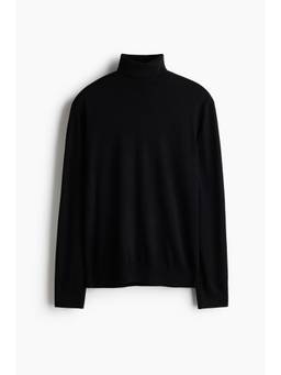 H&M - Men Black Regular Fit Polo-Neck Merino Wool Jumper