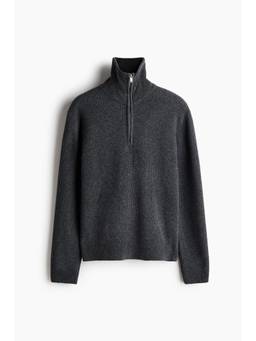 H&M - Men Grey Regular Fit Zip-Top Wool Jumper