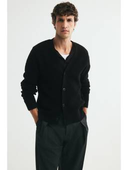 H&M - Men Black Regular Fit Rib-Knit Wool Cardigan