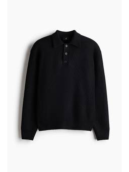 H&M - Men Black Relaxed Fit Knitted Polo Shirt