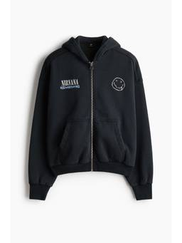 H&M - Men Black Oversized Fit Printed Zip-Through Hoodie